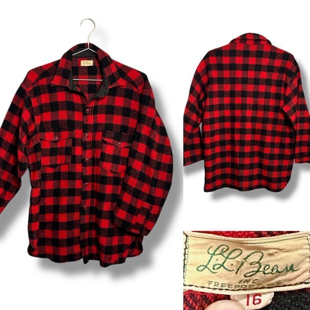 L.L. Bean Vintage 1950s 60s Buffalo Plaid Wool Button Shirt Parka Jacket Size L